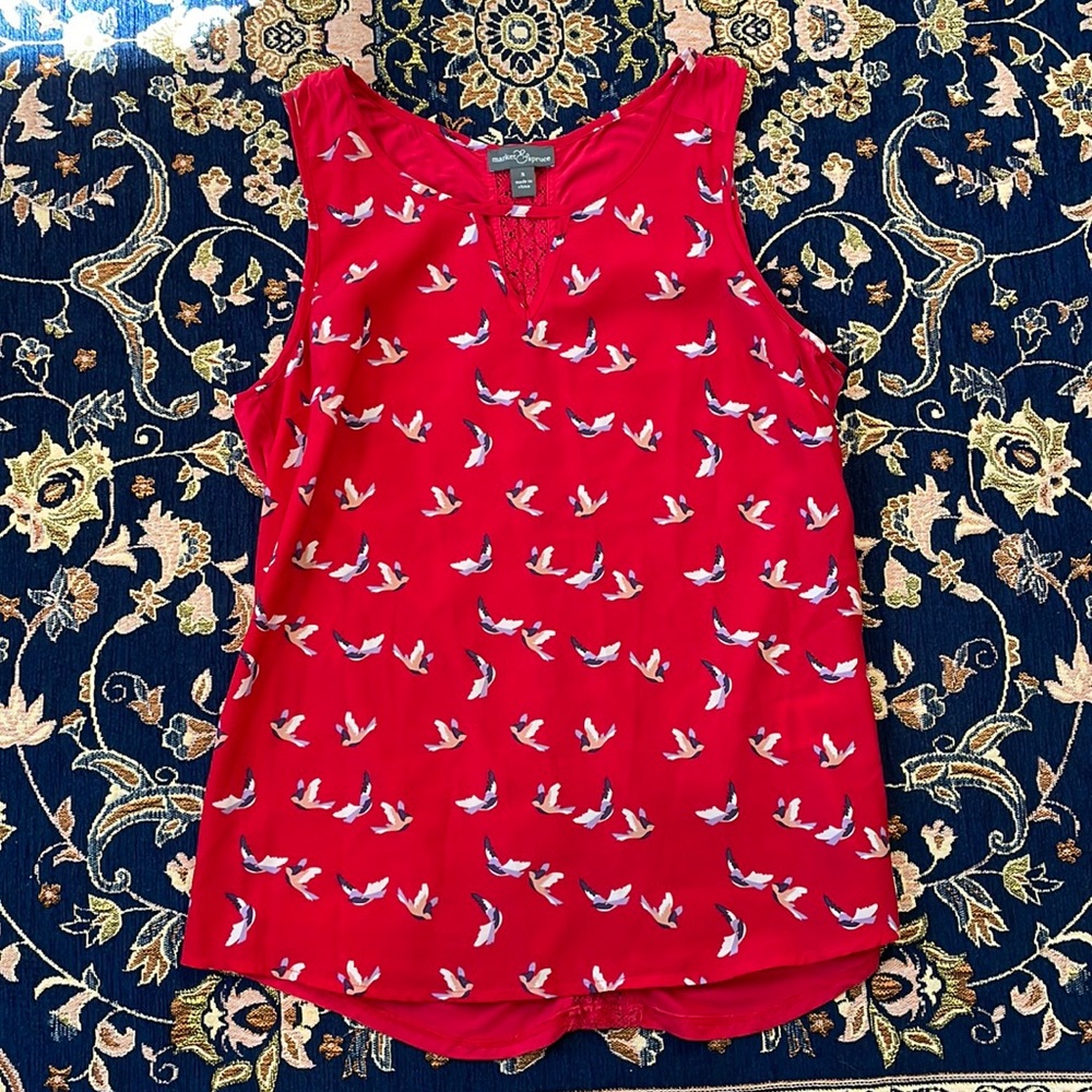 market & spruce red with bird detail sleeveless blouse